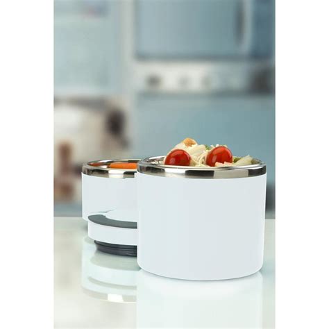 2-tier round stainless steel insulated lunch box in white|insulated lunch container for adults.